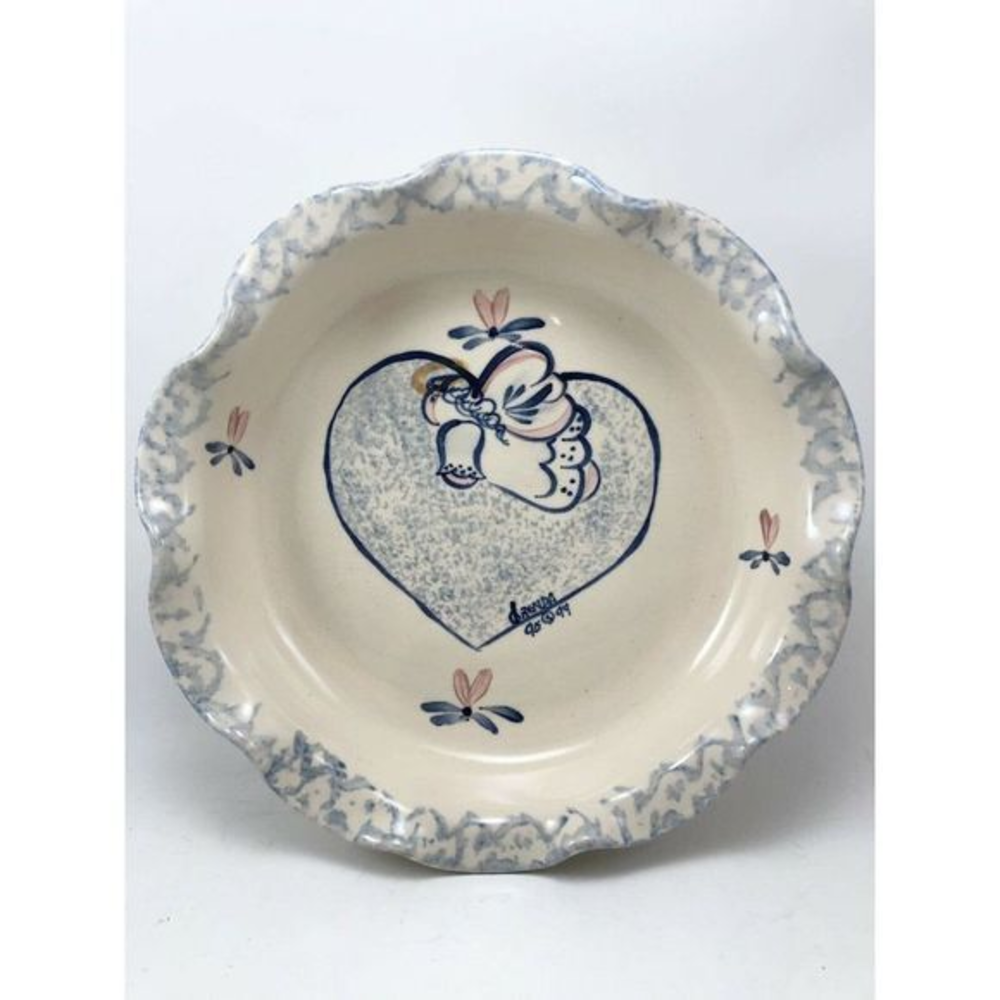 Vintage 1994 Ellis Pottery Pie Plate 8.5" Ceramic Angel Heart Fluted Marshall TX